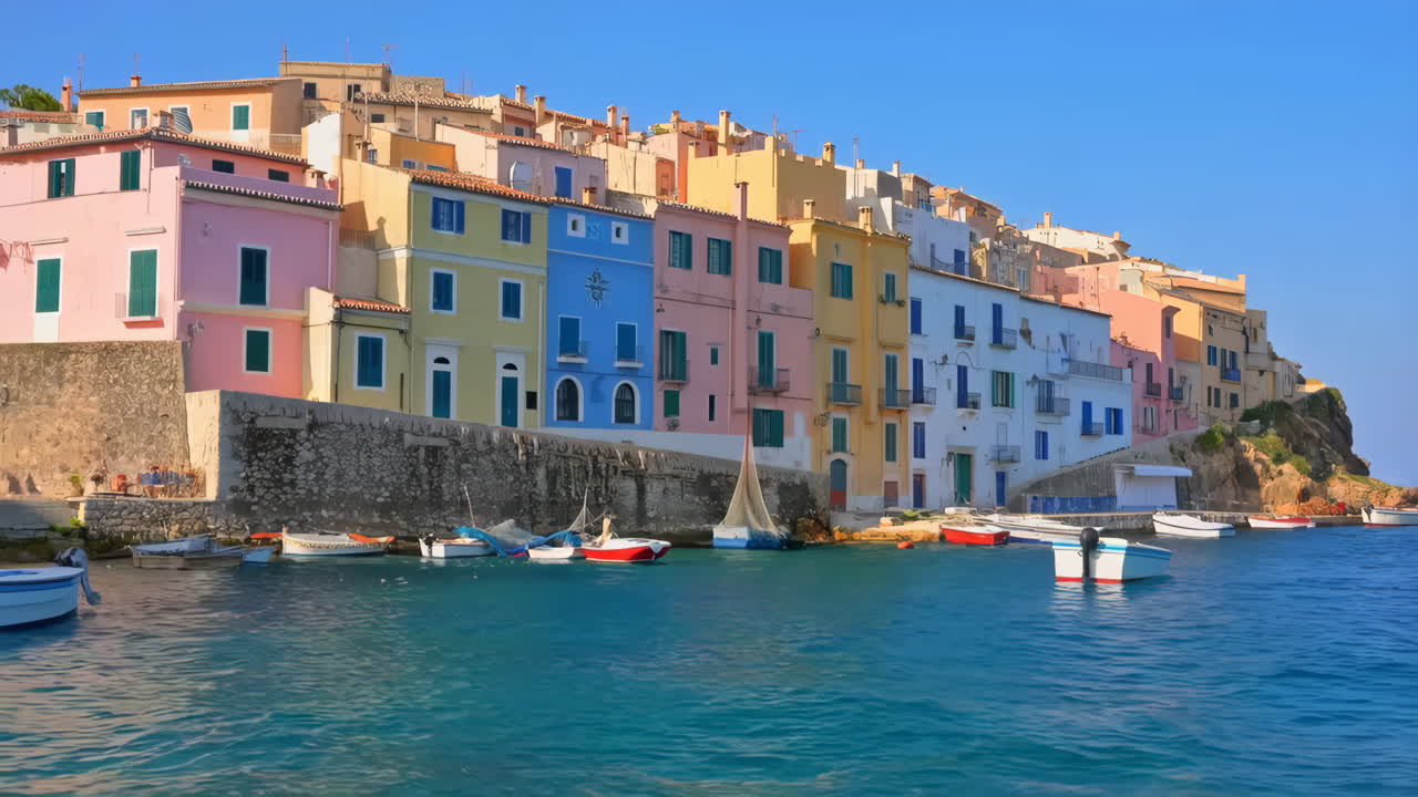 Colorful Coastal Town with Boats on Blue Water