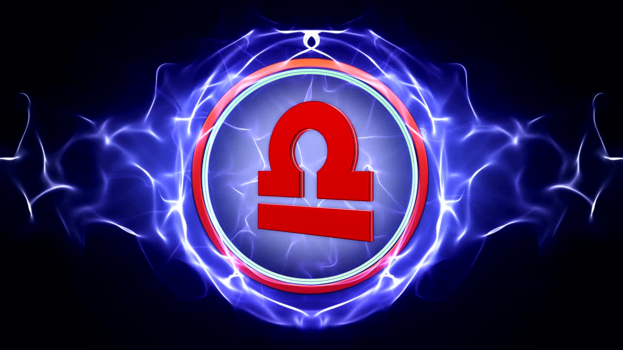 libra signo del zodiaco en partículas animación de anillo, fondo, bucle