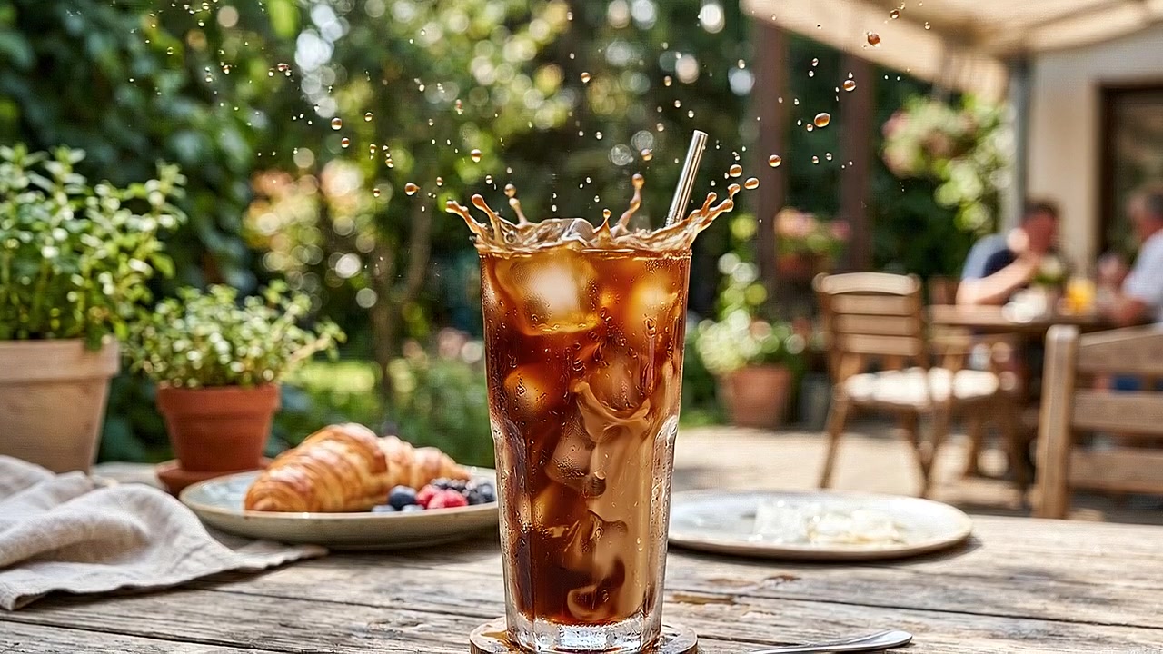 Cold Glass of Iced Coffee Espresso Drink Splashing in Outdoor Cafe Setting
