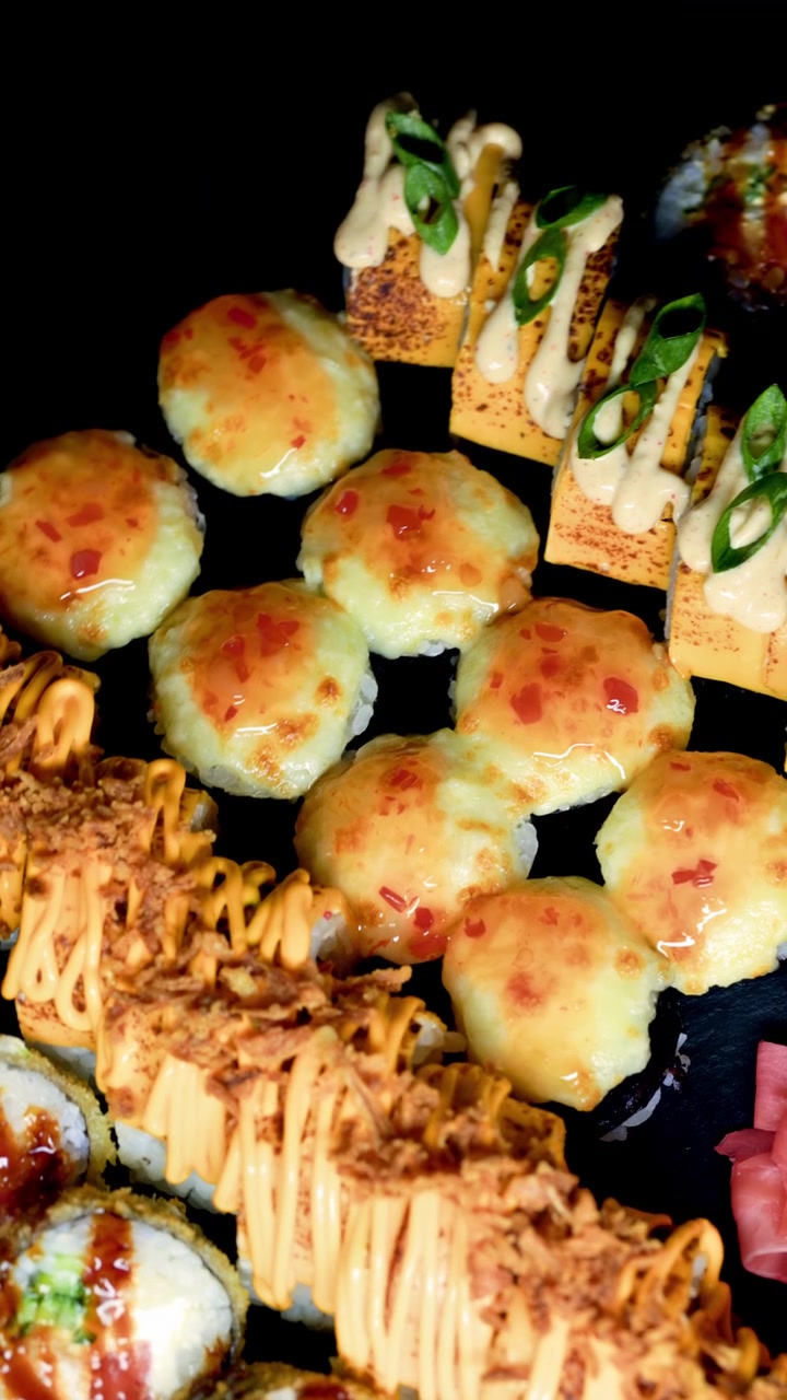 Sushi e contorni serviti su un piatto nero in un ristorante con roll colorati e zenzero marinato
