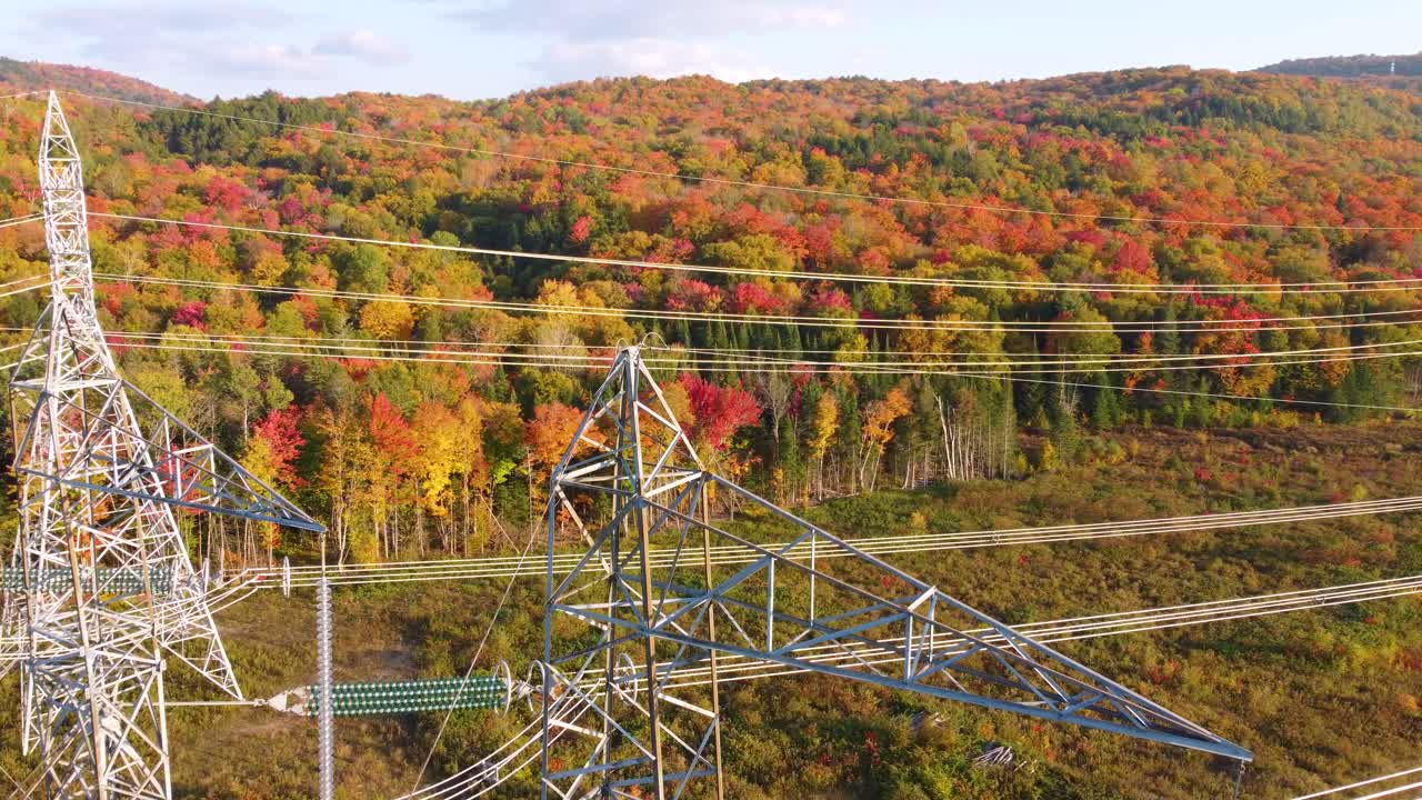 Transmission Towers With Autumn Forest In Montreal, Quebec, Canada