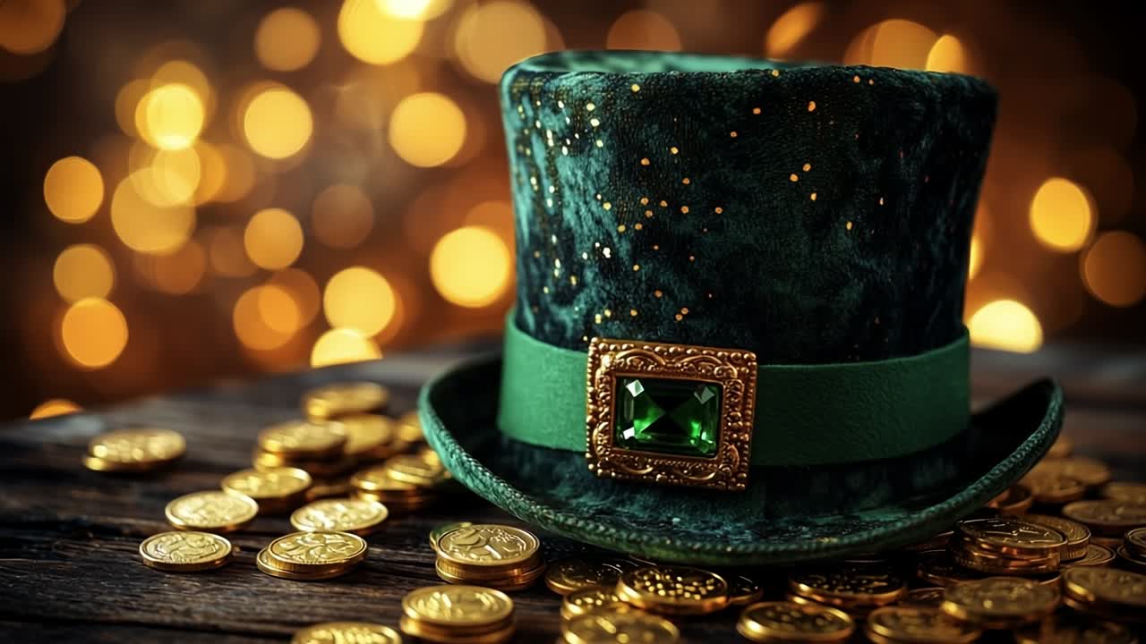 Green hat with coins on wooden surface. A green hat adorned with a gem rests on a wooden surface surrounded by shiny gold coins, creating a festive atmosphere.