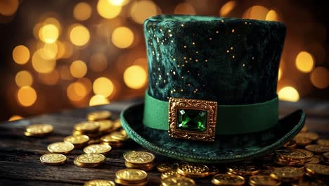 green hat with coins on wooden surface. a green hat adorned with a gem rests on a wooden surface surrounded by shiny gold coins, creating a festive atmosphere.