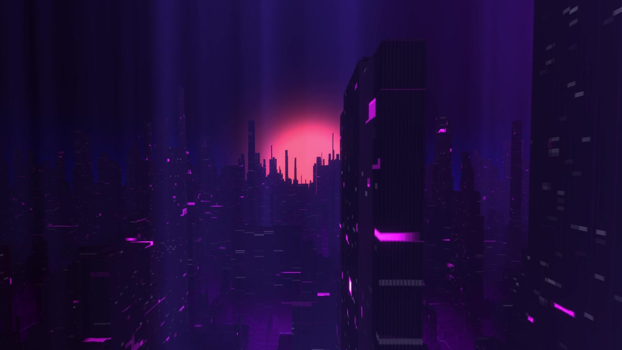 Paesaggio Urbano Cyberpunk Futuristico con Sole Rosso e Bagliore Neon Viola