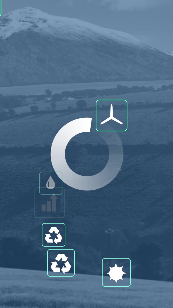 Animazione di icone eco elaborazione dati su sfondo paesaggistico