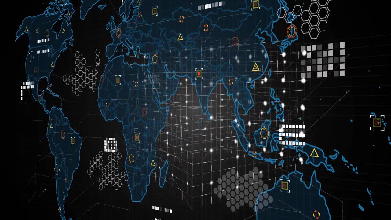 Digital animation of data processing over world map and 3d abstract cube shape on black background