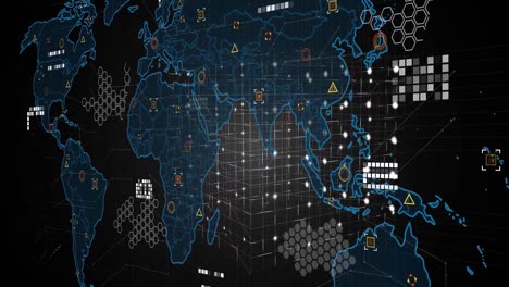 animación digital del procesamiento de datos sobre el mapa del mundo y la forma de cubo abstracto en 3d sobre fondo negro