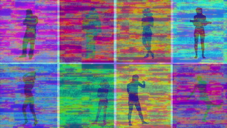 animation of silhouettes of people exercising with glitch stripes flickering in hypnotic motion