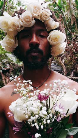 man with a floral crown in nature