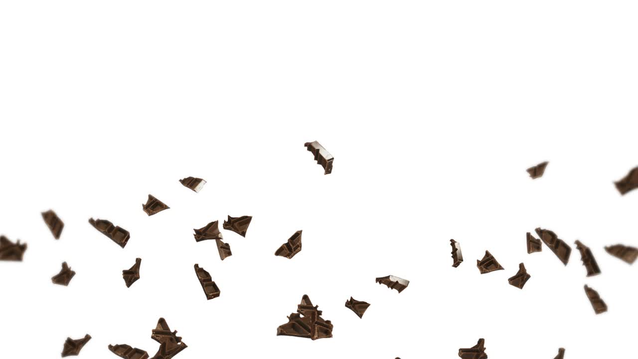 volando muchas piezas de chocolate en fondo negro. alimentos y dulces. leche y oscuro. animación de bucle 3d de chocolate girando.