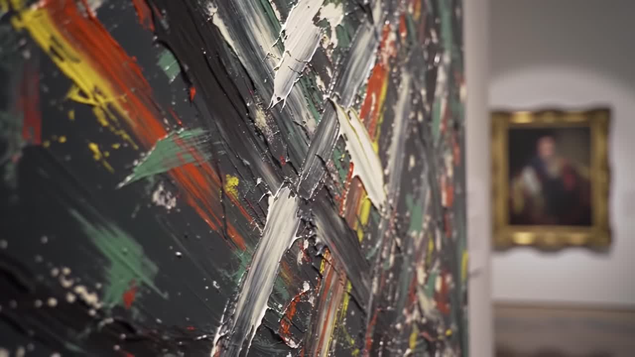 Abstract Art Close-Up: Exploring Vibrant Textures and Bold Colors in a Contemporary Gallery Setting with a Classical Portrait in the Background