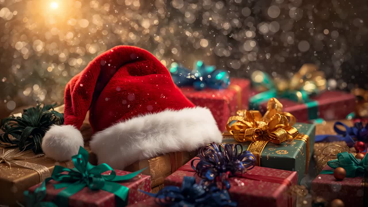 Spostamento della videocamera con messa a fuoco più precisa sul centro del cappello da Babbo Natale rosso in cima alle confezioni regalo, rivelando un bokeh scintillante