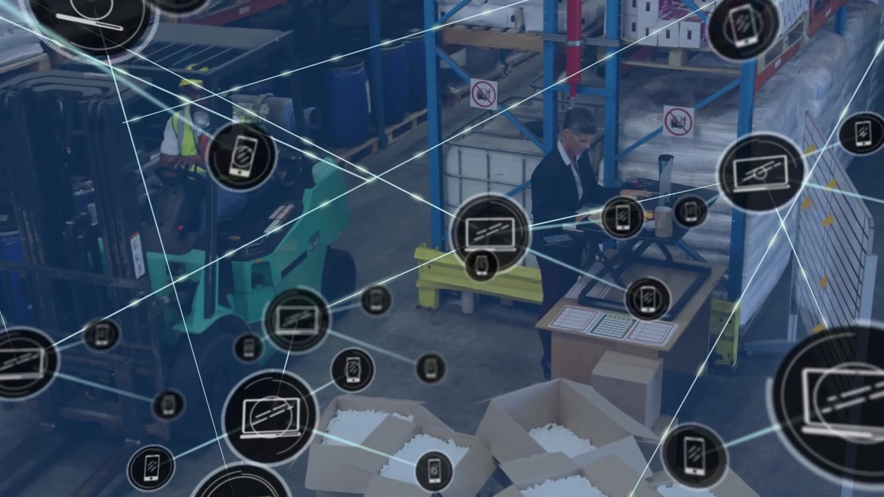 Animation of icons connected with lines over multiracial coworkers working in warehouse