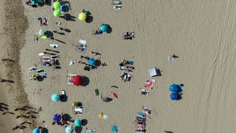 aerial view of a beach with people and umbrellas