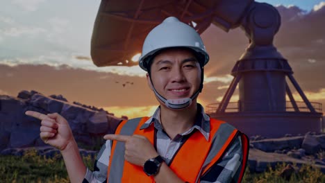 close up of asian male engineer with safety helmet smiling and pointing to side while standing with large satellite dish