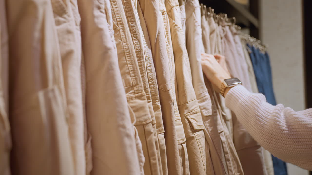 Hand view of pregnant woman browsing rack of pants in retail store, gently pulling pair from hanger clip while boots displayed on top shelf and blurred racks fill warm boutique background lighting