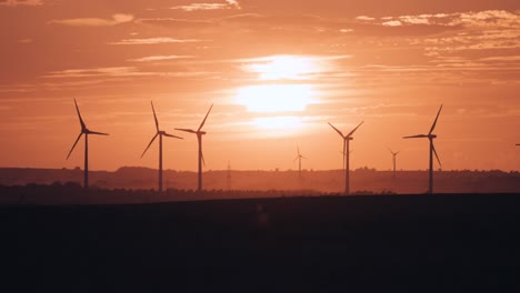 wind turbines in the fields at the sunset