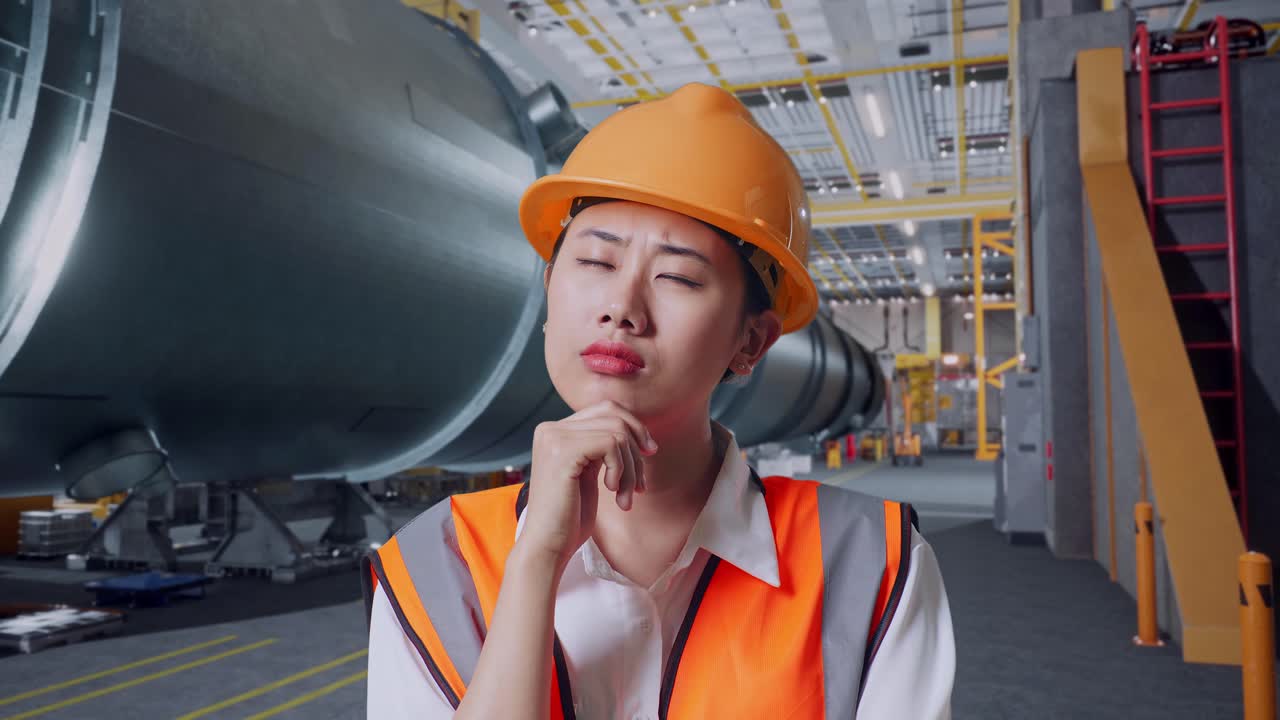 안전 헬을 입은 아시아 여성 엔지니어가 무언가에 대해 생각하고 파이프 제조 공장에서 서있는 동안 주위를 둘러보고 있습니다.