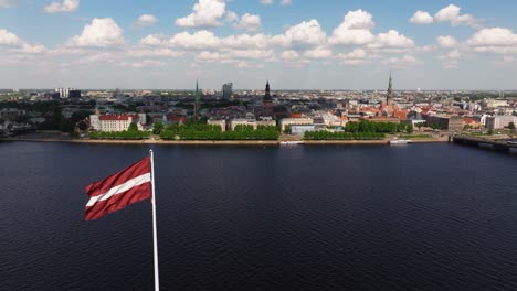 aerial sliding shot above daugava river, riga old town