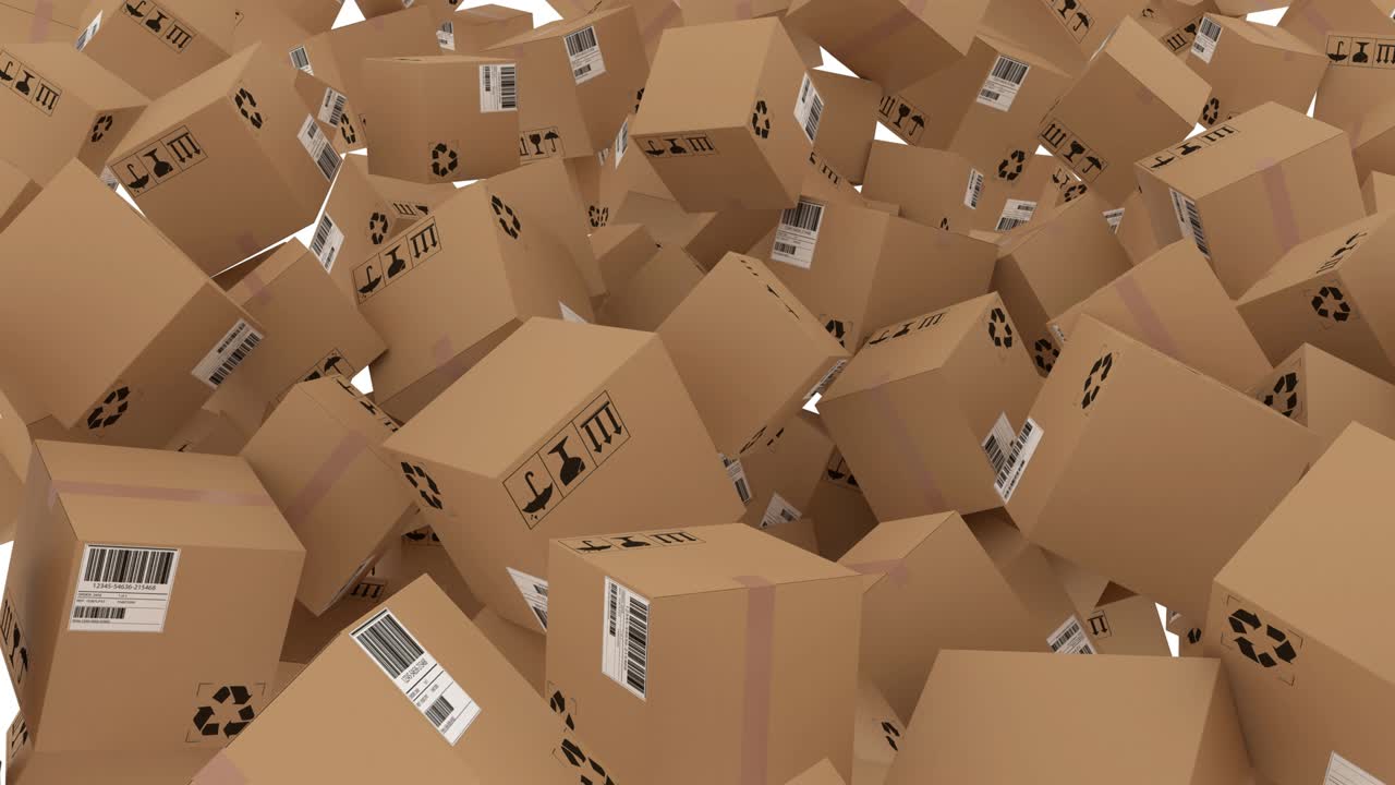 Animation of pile of moving multiple cardboard boxes