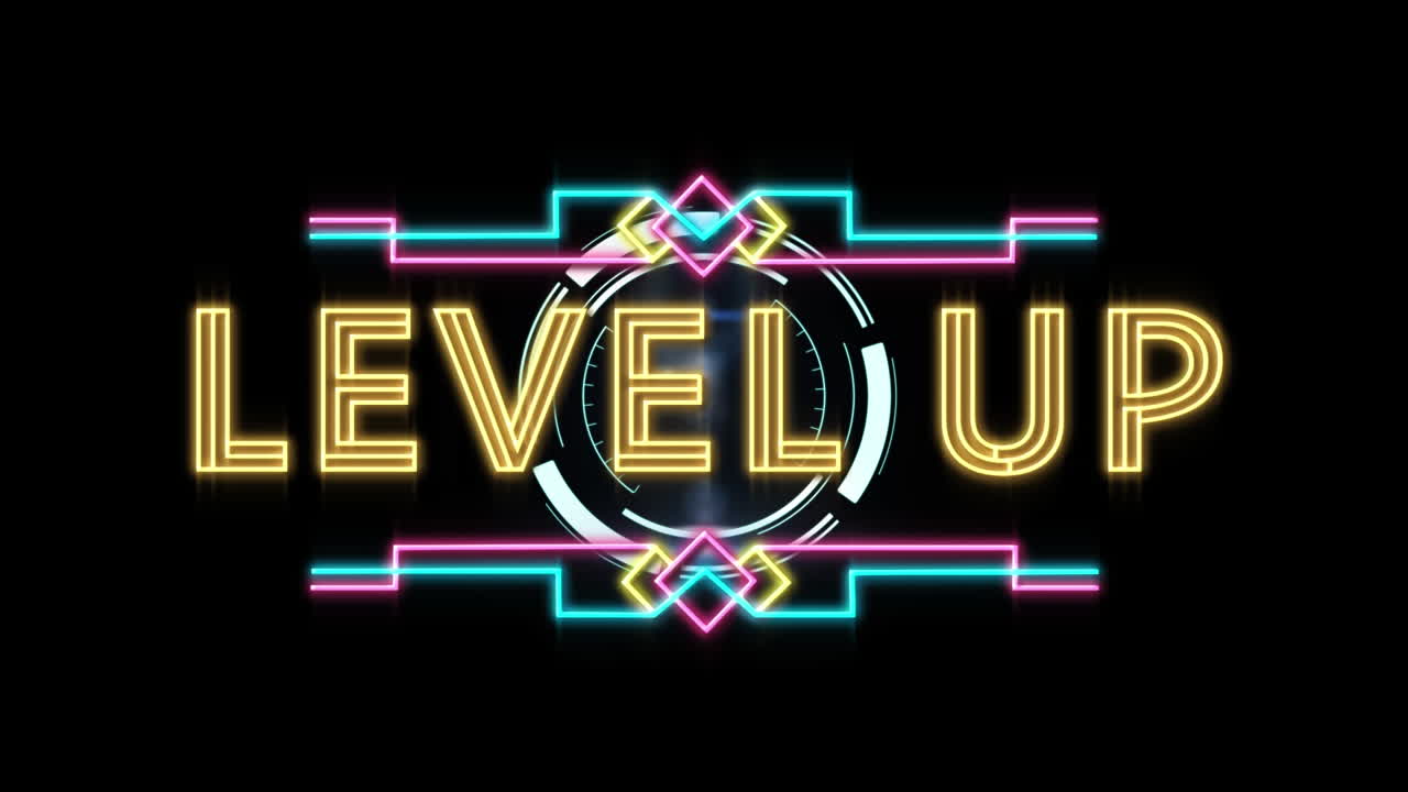 Animation of level up text over scope scanning on black background