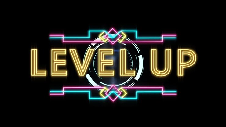 Animation of level up text over scope scanning on black background