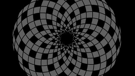 graphic drawing in black and white with stroboscopic and hypnotic effect, while it rotates clockwise and increases in size.