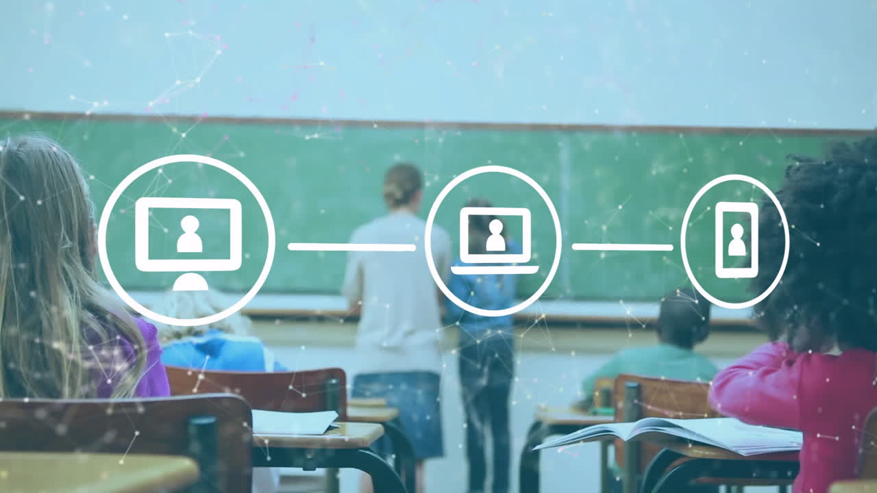 다양한 학교 학생과 여성 교사에 대한 아이콘을 가진 네트워크의 애니메이션