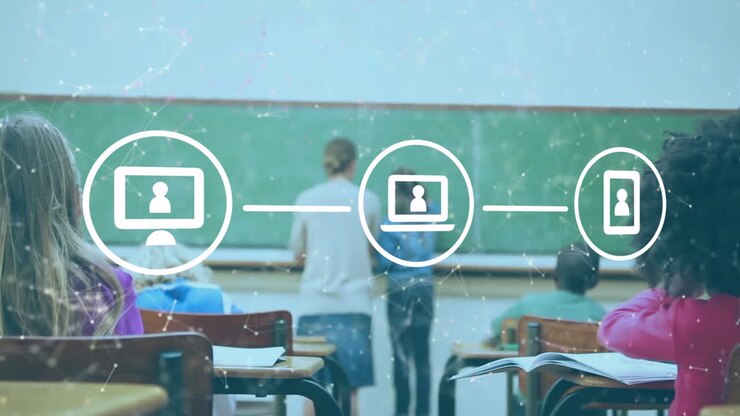 Animation of network with icons over diverse schoolchildren and female teacher