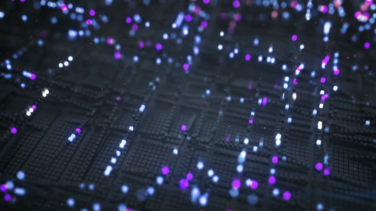 Futuristic matrix of blue and purple glowing cubes loopable 3D render animation