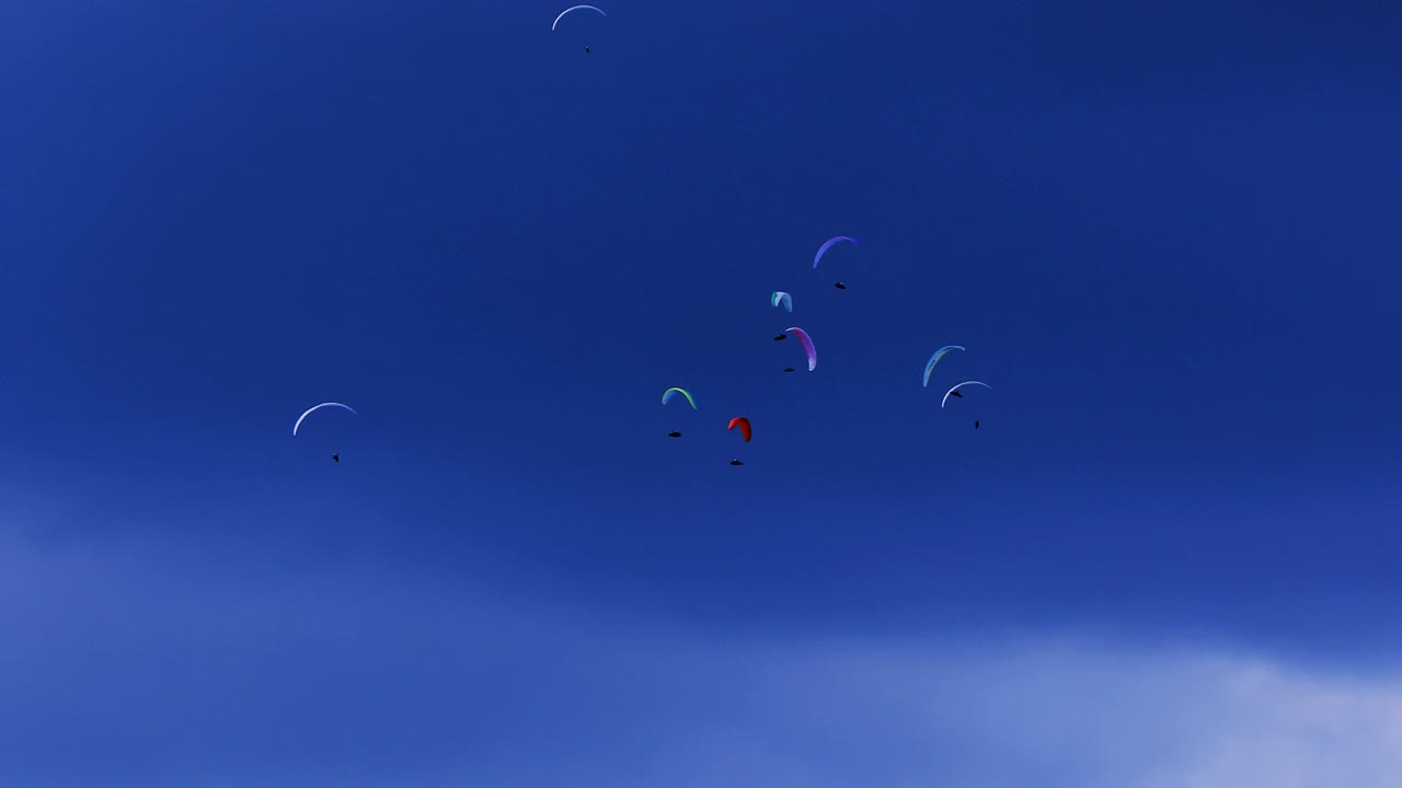 변덕스러운 하늘에 대항하는 패러글라이더 그룹