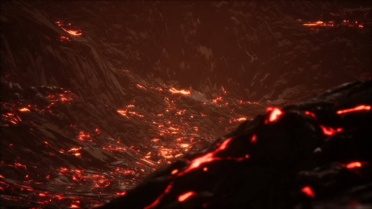 lava fundida roja y vibrante que fluye sobre un campo de lava gris y una tierra rocosa brillante