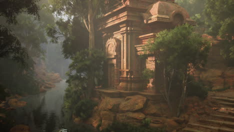 ancient temple ruins in a foggy jungle