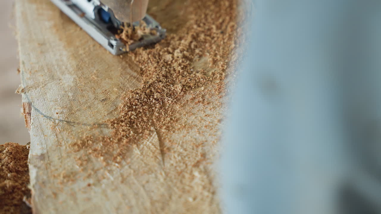 Closeup sander smoothing wood surface, sawdust scattering across plank, artisan carpenter working with steady motion, textured grain revealed, warm studio light, focused craft atmosphere