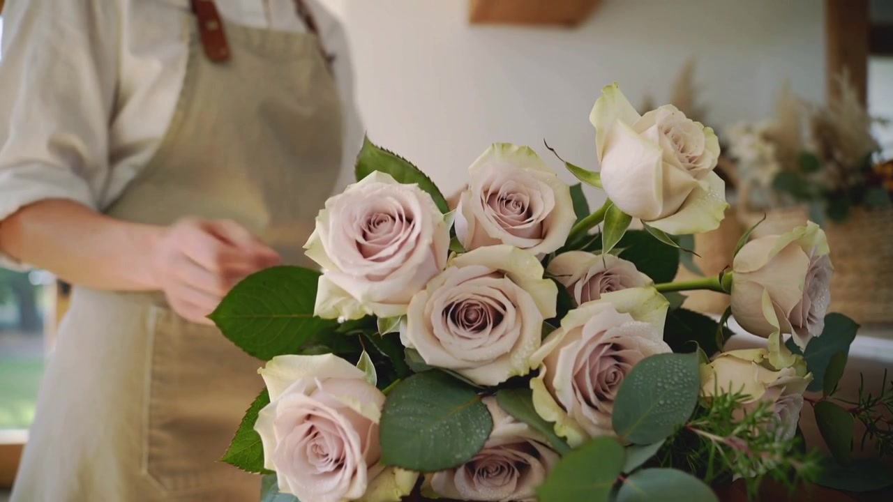 Fiorista in grembiule che si protende a sinistra, sistema rose ed eucalipto su un banco, girando il bouquet per l'esposizione.