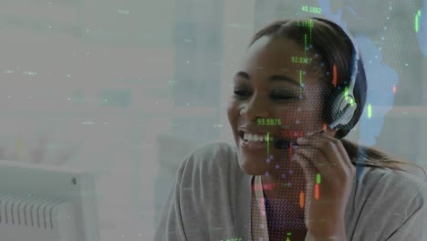 Animation-of-data-processing-over-businesswoman-using-phone-headset