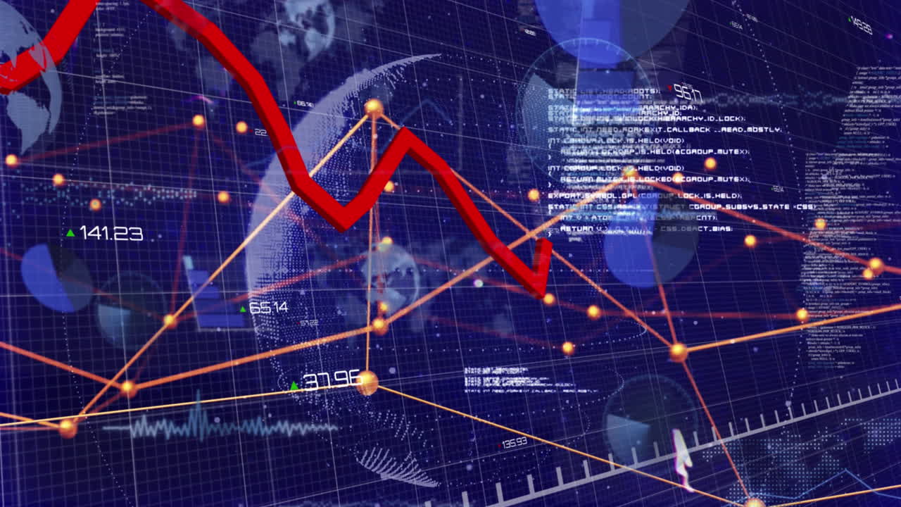 animación de gráficos sobre puntos conectados sobre globos y lenguaje informático sobre fondo negro
