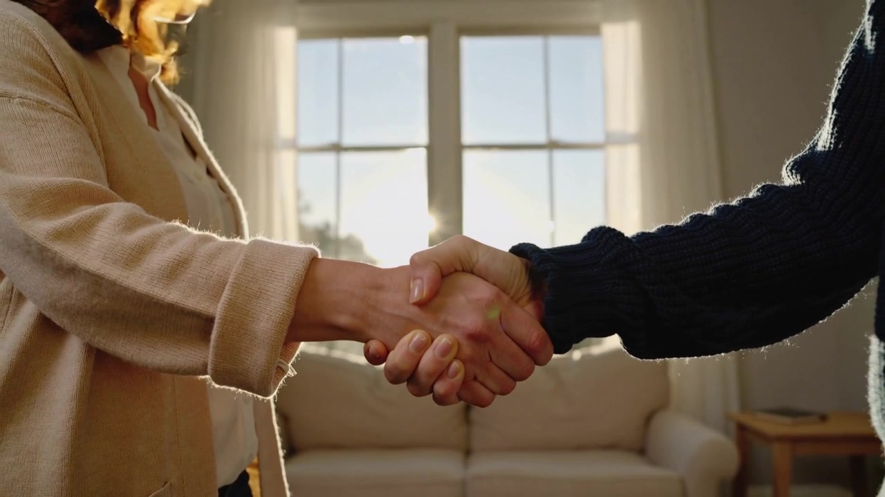 Due adulti si stringono la mano per salutarsi, con cappotto color cammello e maglia scura, vicino alla finestra, aggiustando la presa e sistemandosi.
