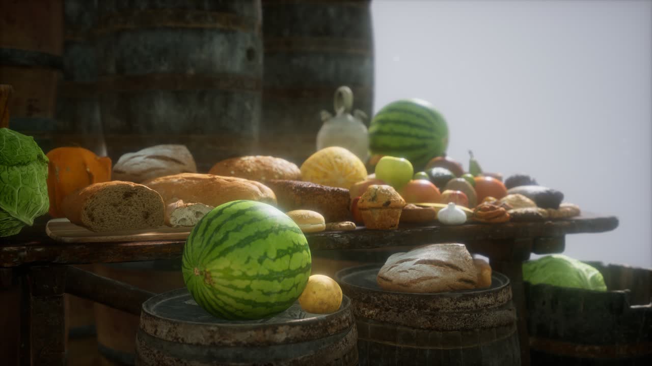 mesa de comida con barriles de vino y algunas frutas, verduras y pan