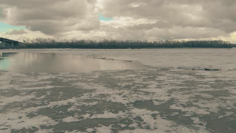 pictorial frozen river against bank with dense forest