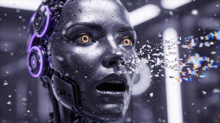 A Hyper-Realistic Robot Features Exquisite Detail in Its Expressive Face, Illuminated by Ambient Light with Raindrops Enhancing the Futuristic Aesthetic