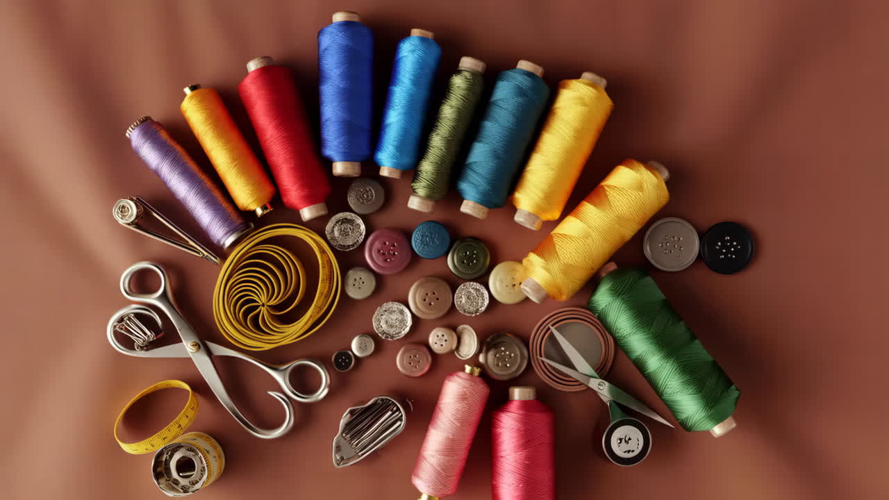 An overhead view of various colorful sewing supplies