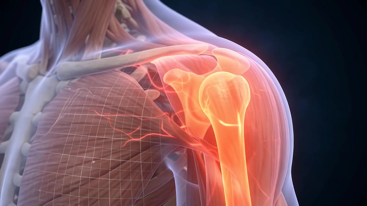 Animazione medica dell'anatomia della spalla umana e del dolore ai nervi