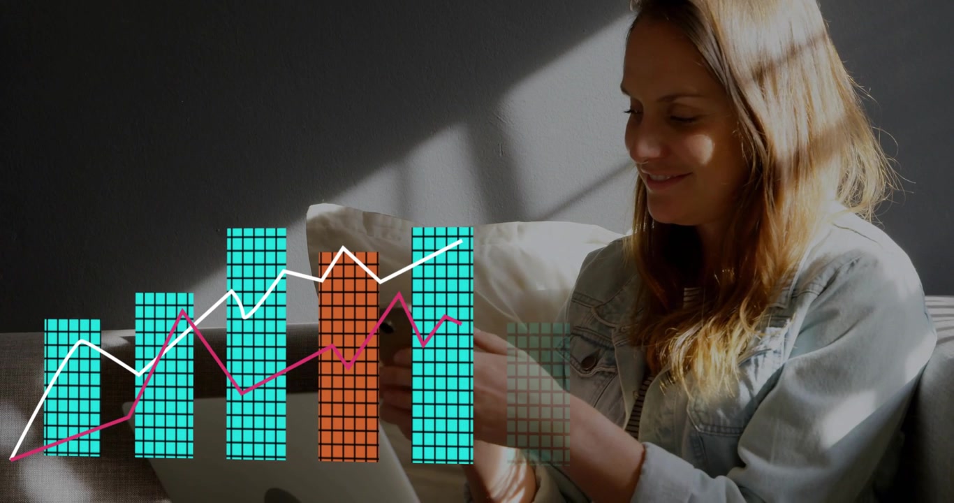 Frau auf dem Sofa tippt auf ihr Telefon, das Finanzbalken und eine weiße Trendlinie unten zur Portfolioverfolgung anzeigt.