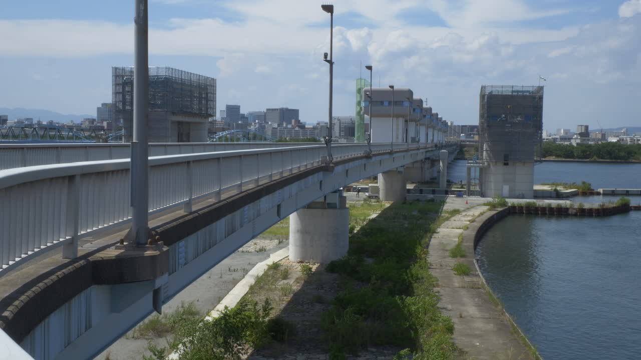 Yodogawa Great Barrier Over Yodo River In Higashiyodogawa Ward, Osaka, Japan. - wide shot