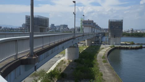 yodogawa great barrier over yodo river in higashiyodogawa ward, osaka, japan. - wide shot