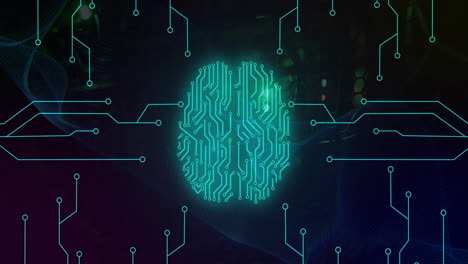 animación del procesamiento de datos digitales a través de una placa de circuitos de computadora y un cerebro artificial