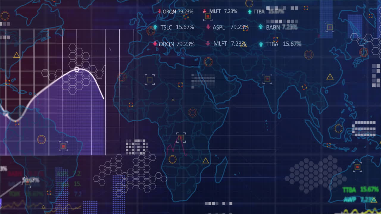 Animation of statistical and stock market data processing over world map against blue background