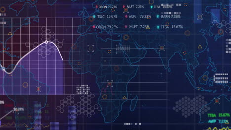animation of statistical and stock market data processing over world map against blue background