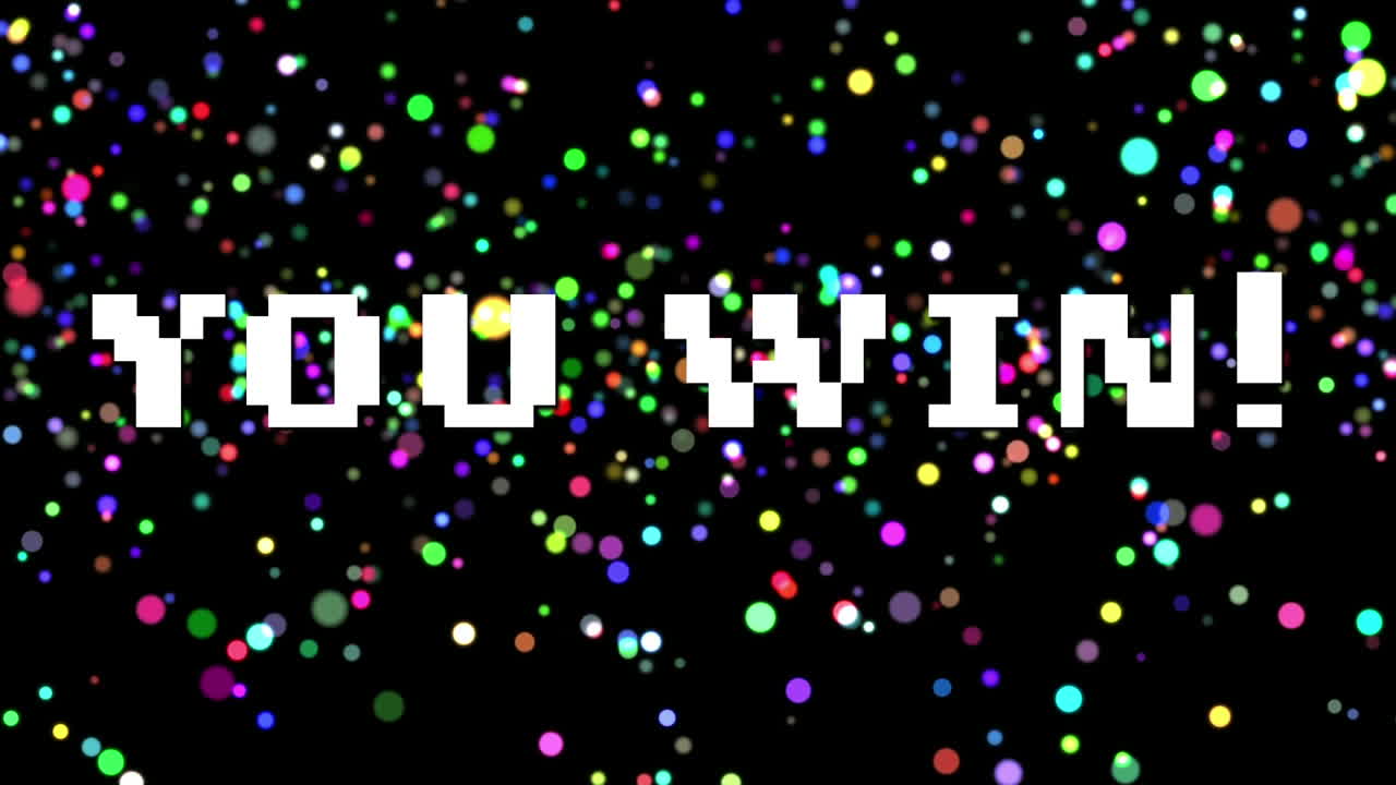 비디오 컴퓨터 게임 화면에서 이기는 단어의 애니메이션